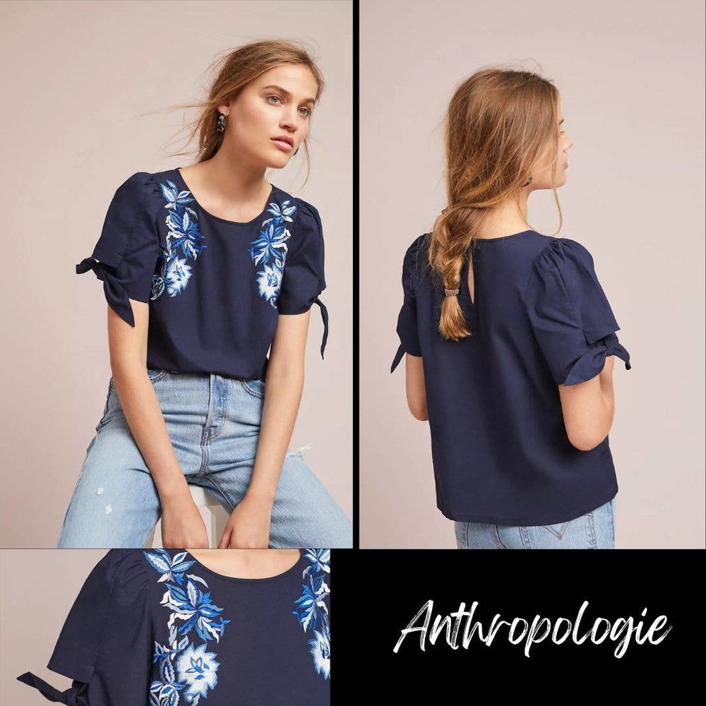 Anthropologie Ranna Gill Embroidered Blue Top - New - Small